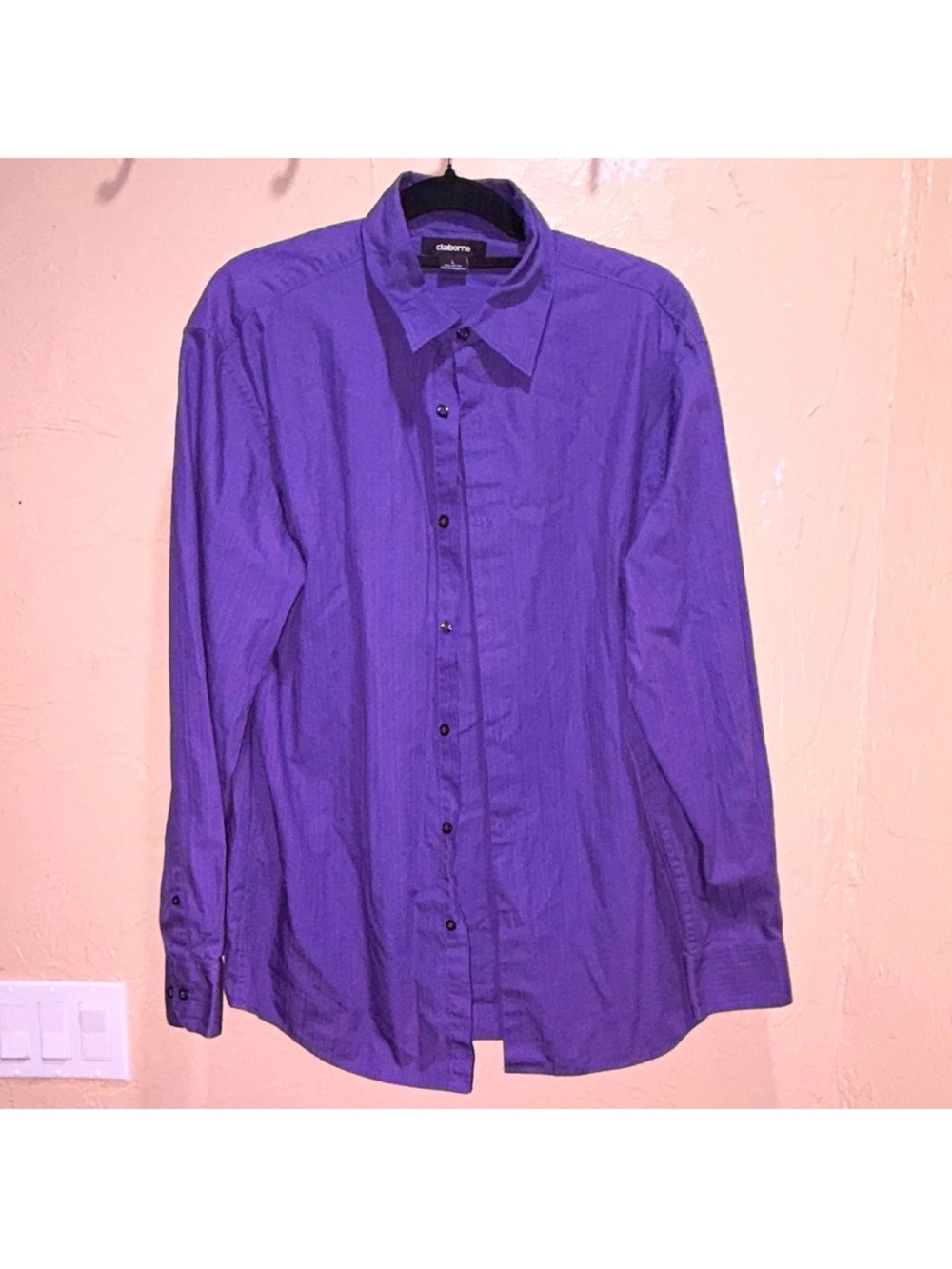 Claiborne Regular Fit Purple Cotton Solid Dress Shirt L 34/35 Long Sleeve
